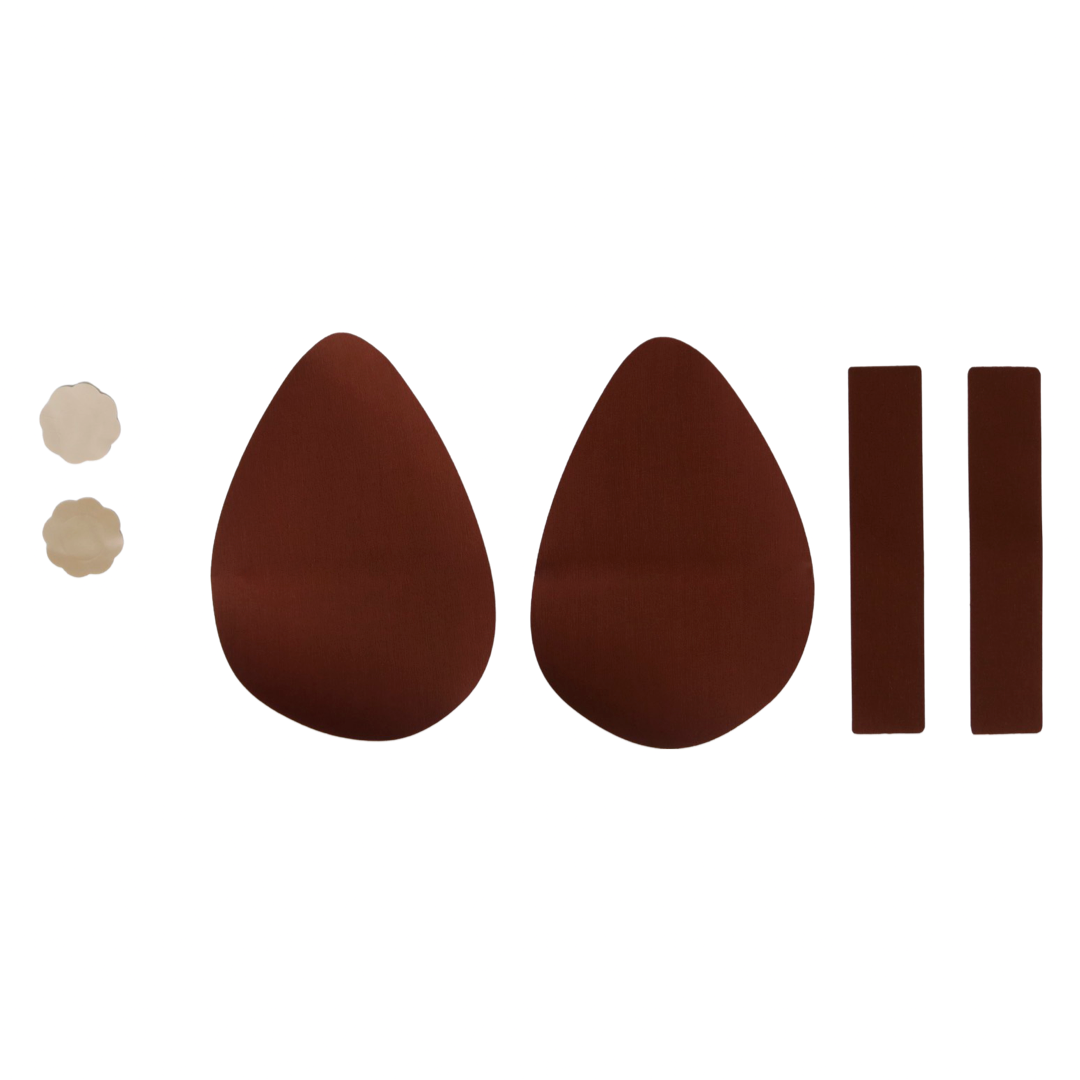 Arrangement of 2 Nude, flower-shaped NIPPLE COVERS, a pair of cocoa-coloured EGG CUPS, and a pair of Cocoa TITTY TAPES