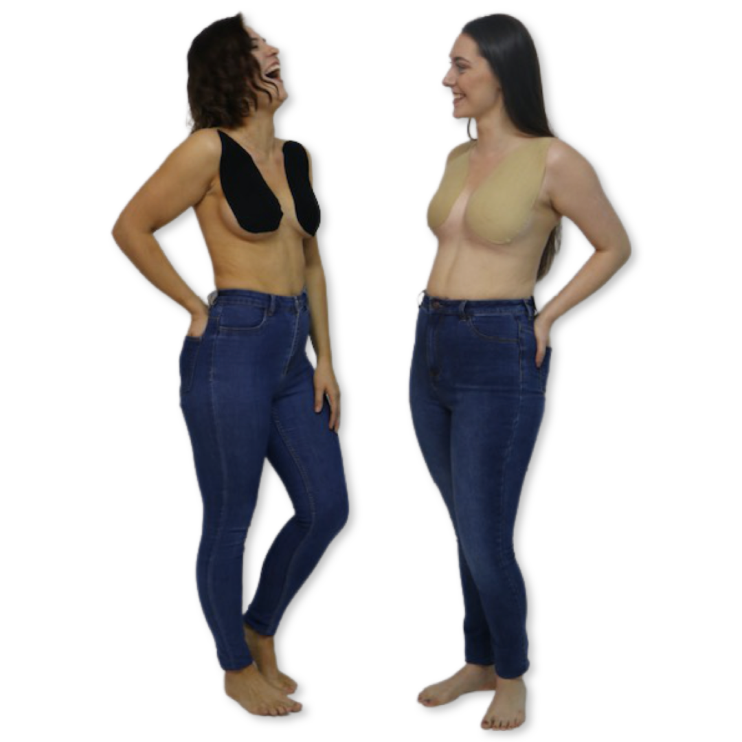 Two women in jeans laughing, wearing EGG CUPS, one Sand and the other Onyx colour